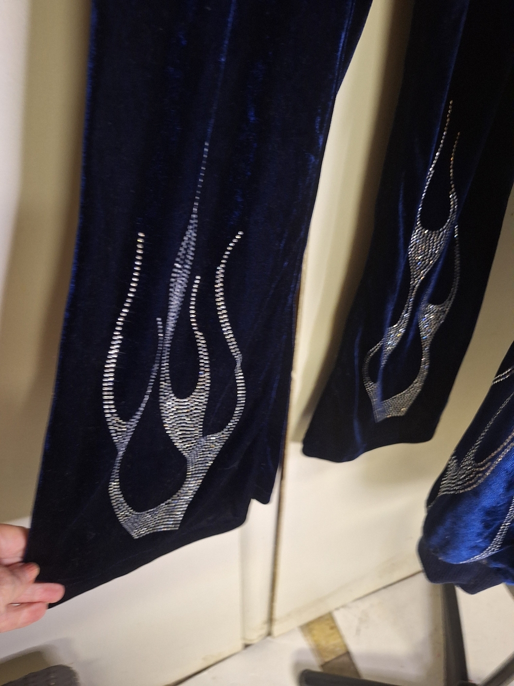 Navy Velvet Pants with Silver Rhinestone Flame Detail Size 12 Youth